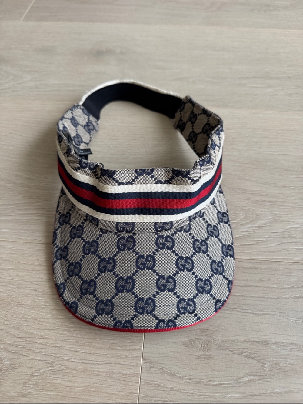 Gucci Beige & Navy Monogram Visor with Red and Blue Web